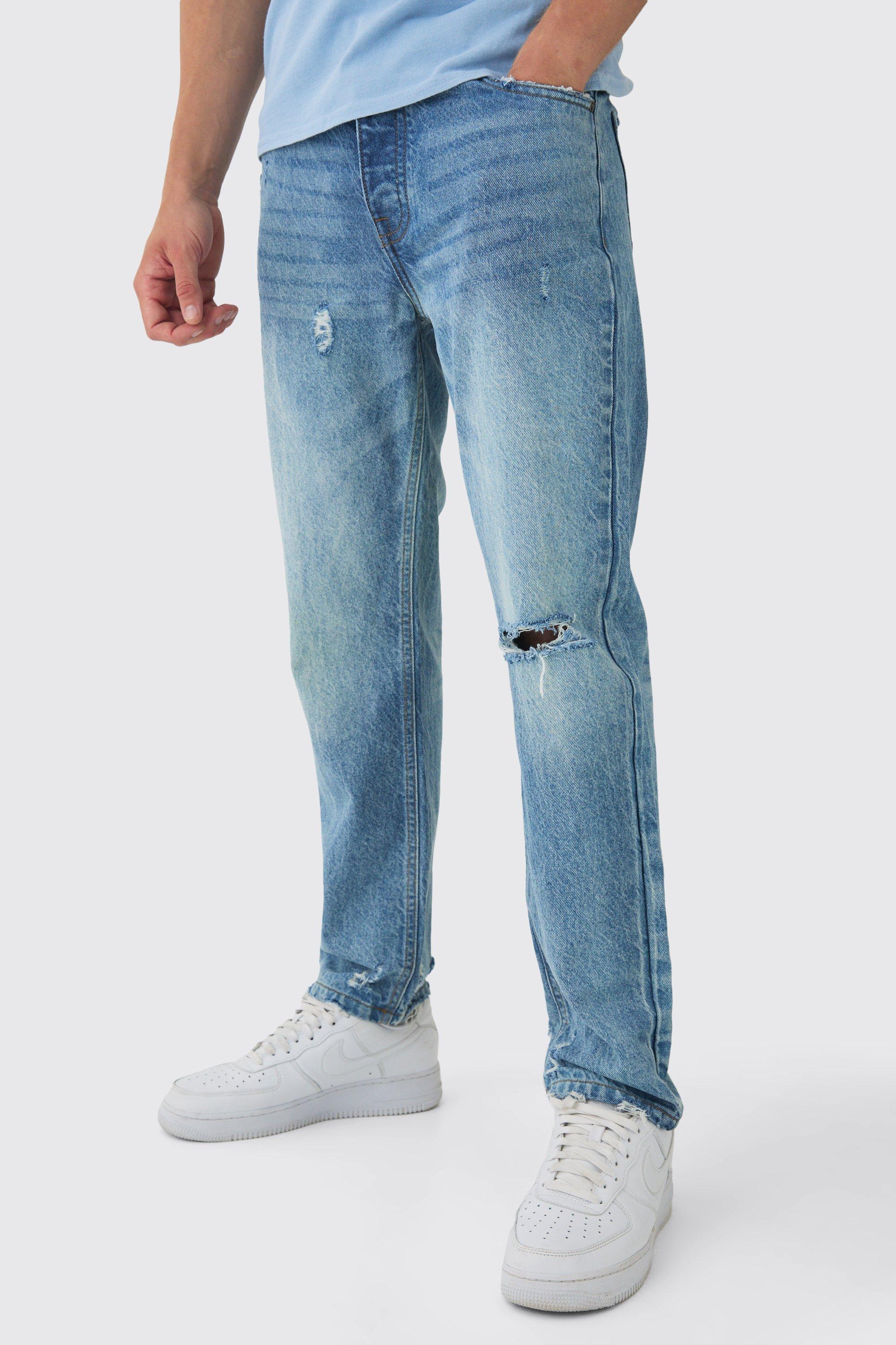 Mens Blue Relaxed Fit Ripped Knee Jeans, Blue